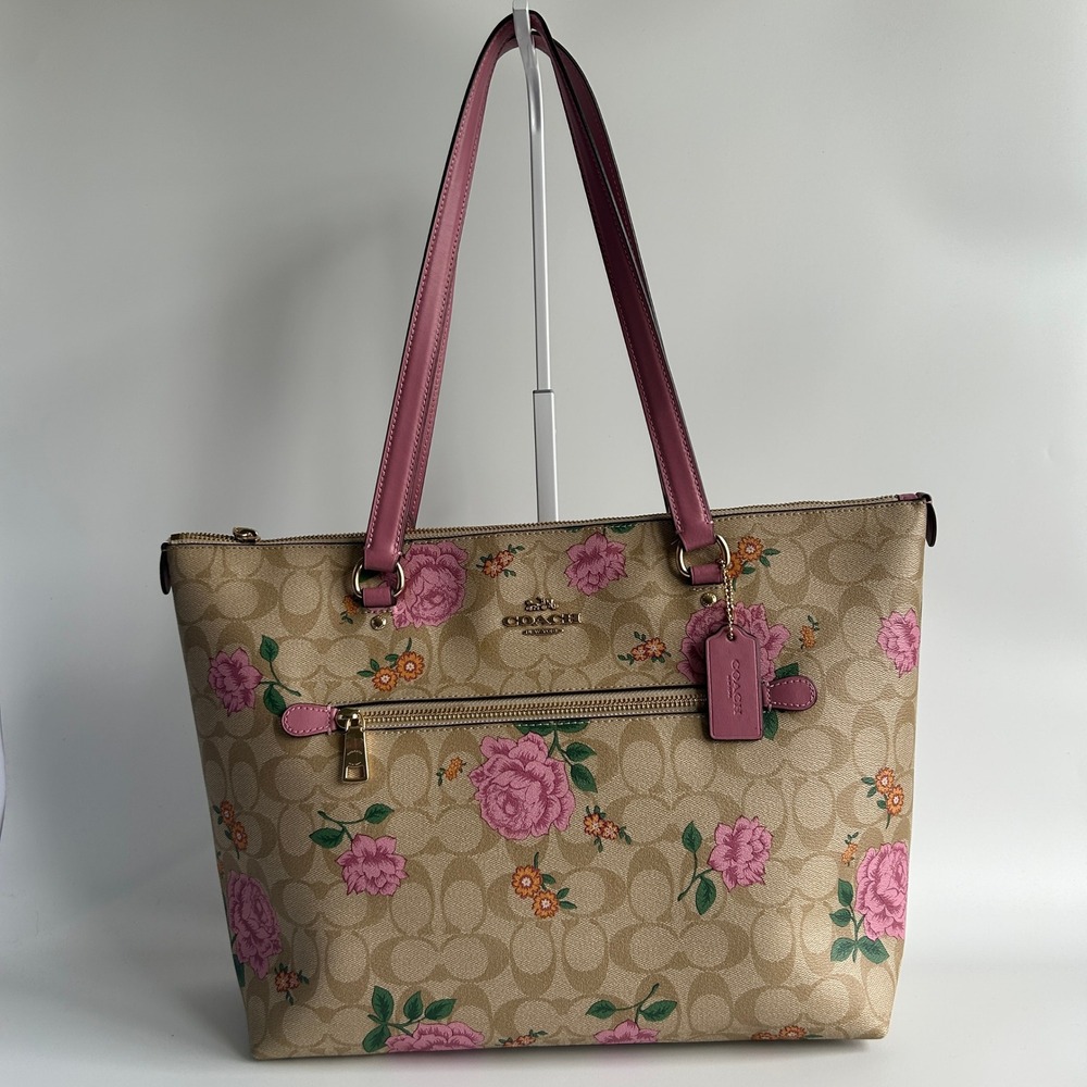 Coach Gallery Tote Signature Rose Print Khaki Pink Canvas Bag Excellent